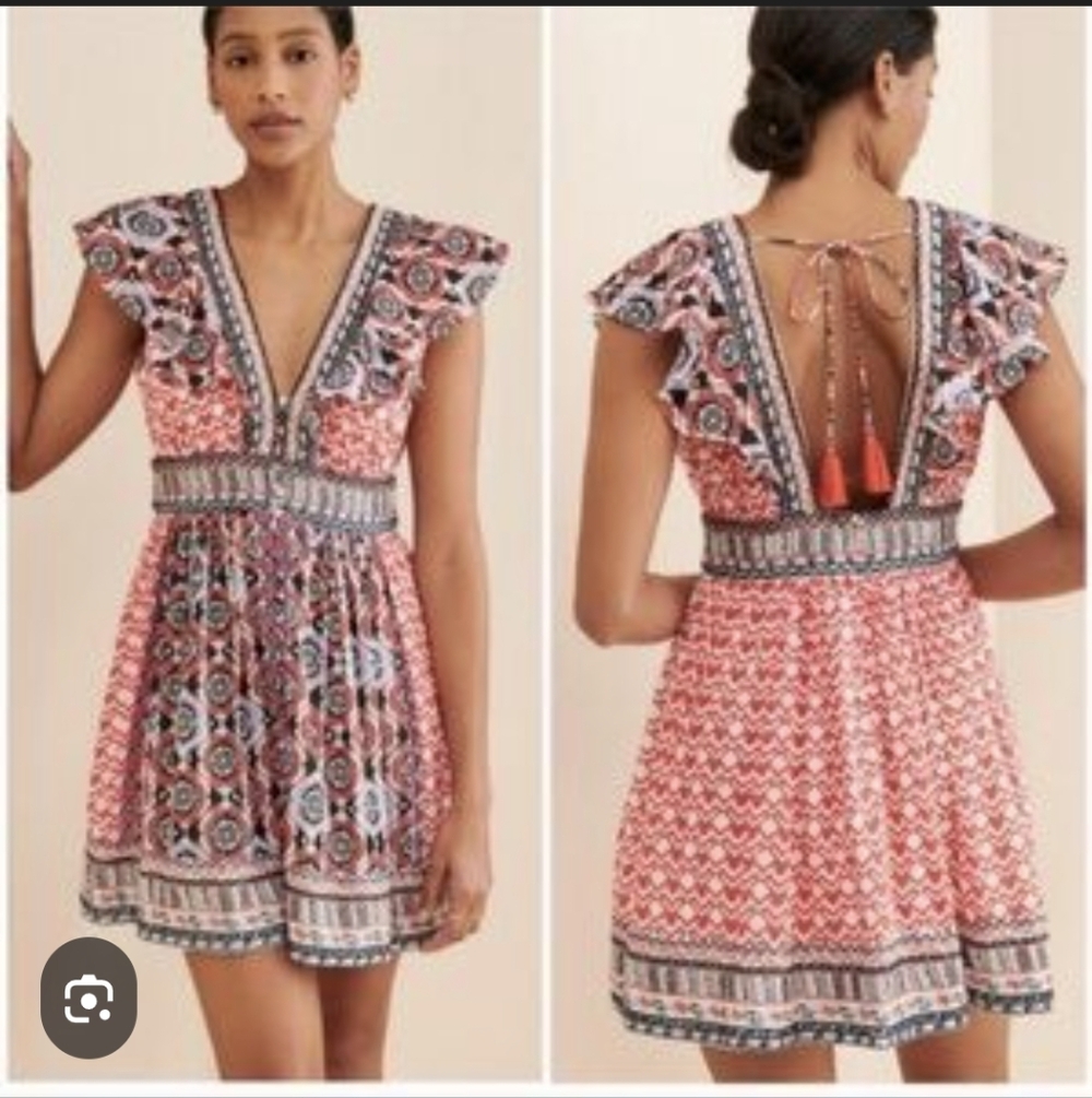 Never worn  Anthropology -Pink Floral V-Neck Mini Dress with Tassel Tie Back